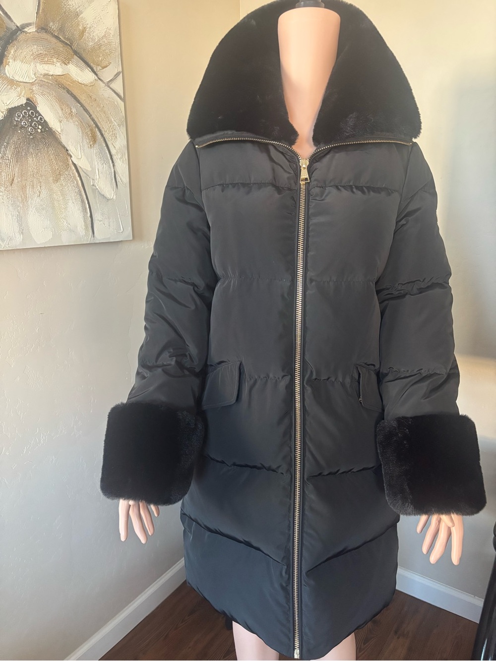 Karl Lagerfeld Black Puffer Coat with Faux Fur Collar & Cuffs